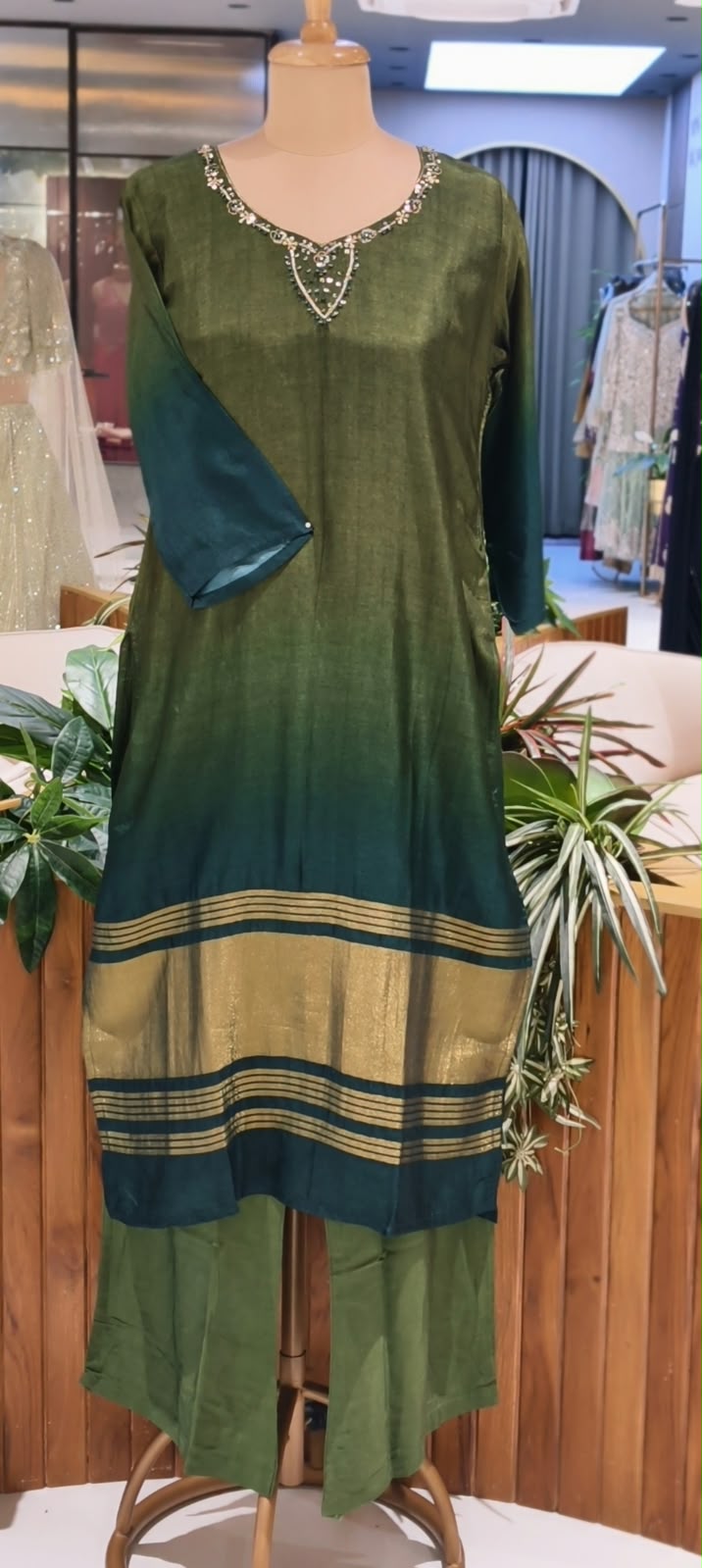 Dual Tone Minimal Embroidery Golden Outlines Russian Silk Full Suit Set With Dupatta- 16715