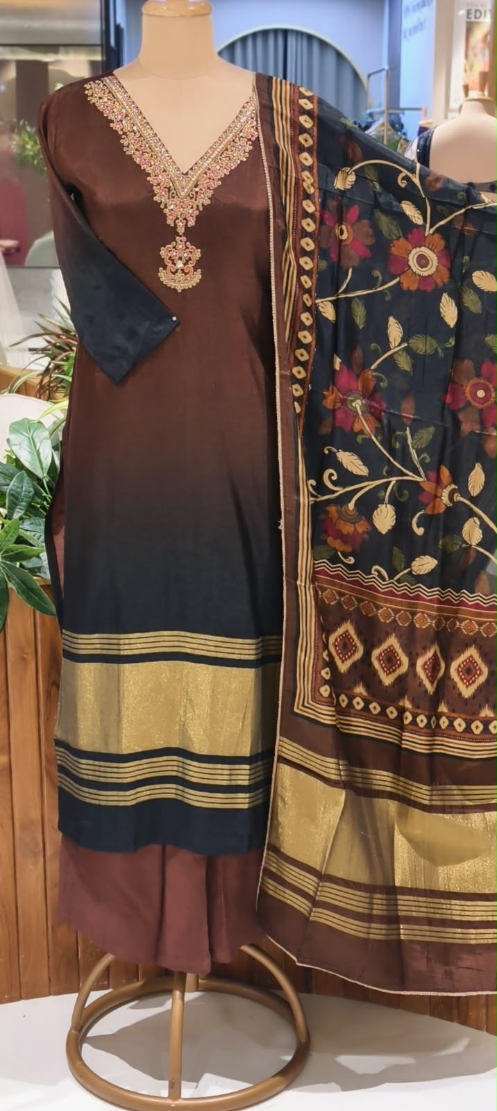 Dual Tone Minimal Embroidery Golden Outlines Russian Silk Full Suit Set With Dupatta- 16715