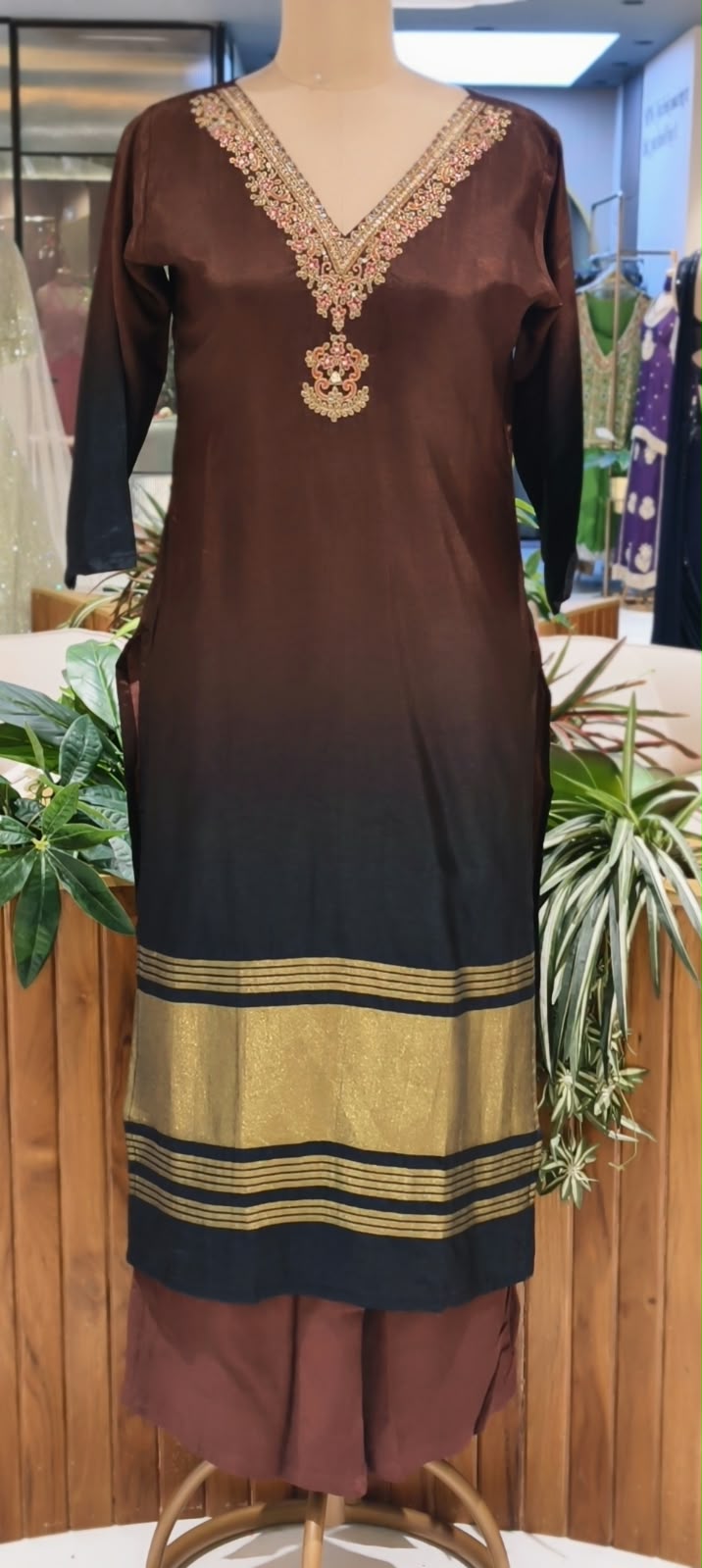 Dual Tone Minimal Embroidery Golden Outlines Russian Silk Full Suit Set With Dupatta- 16715
