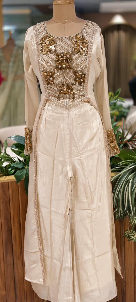 Embroidered Yoke Stylish Sleeves Tissue Fabric Indo-Western Top With Loose Bottom- 16726