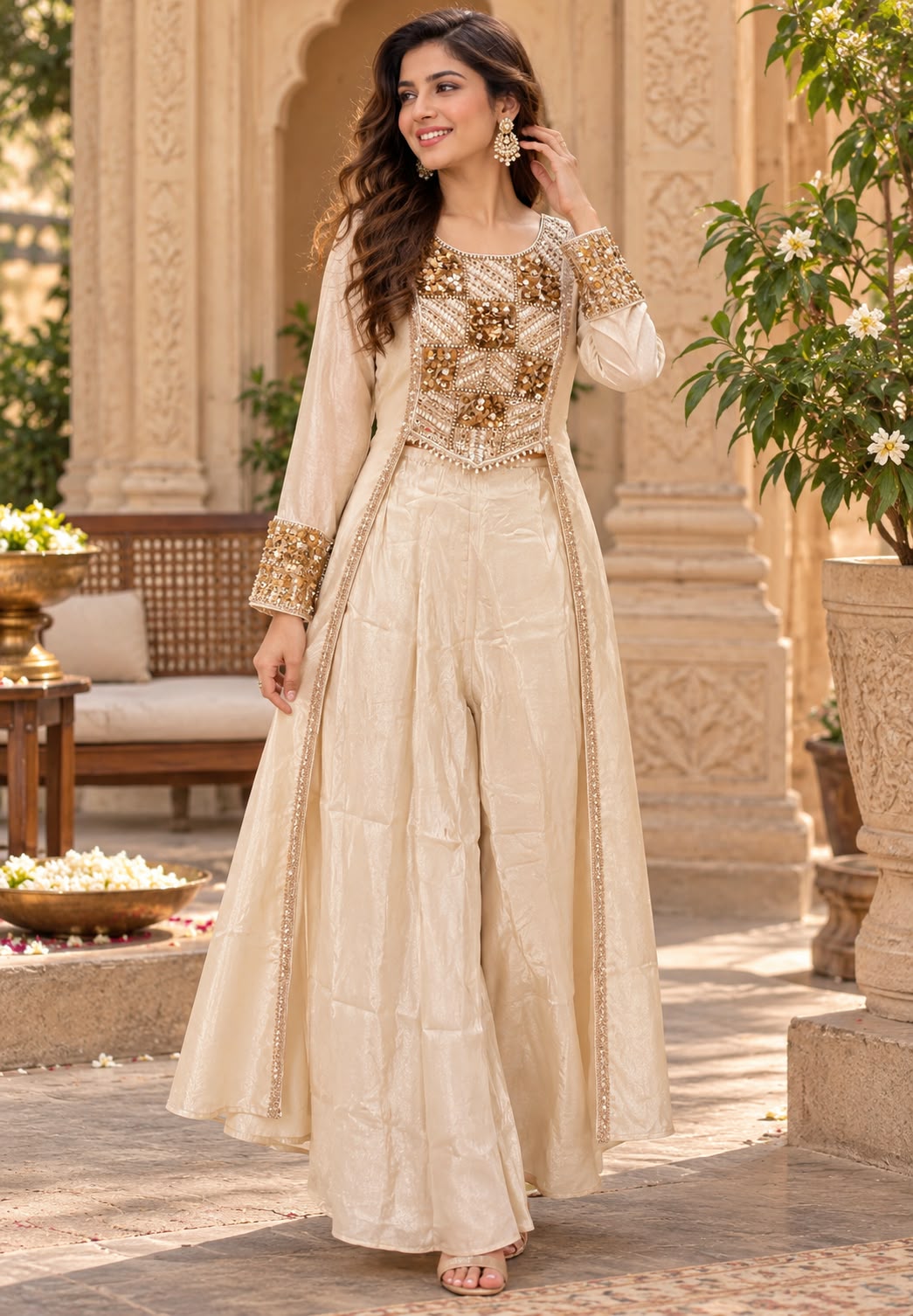 Embroidered Yoke Stylish Sleeves Tissue Fabric Indo-Western Top With Loose Bottom- 16726