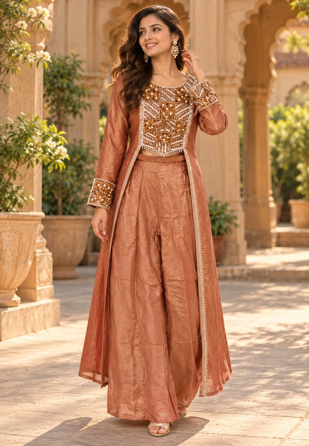 Embroidered Yoke Stylish Sleeves Tissue Fabric Indo-Western Top With Loose Bottom- 16726