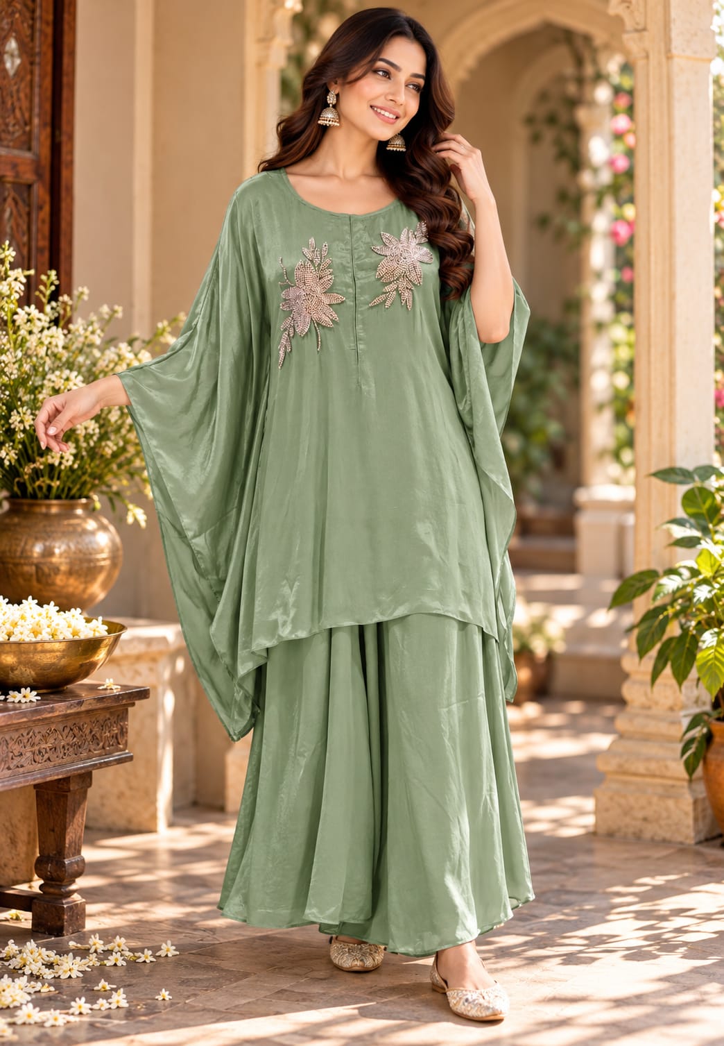 Chinon Metallic 3D Embroidered Kaftan with Inner and Matching Bottom- 16465