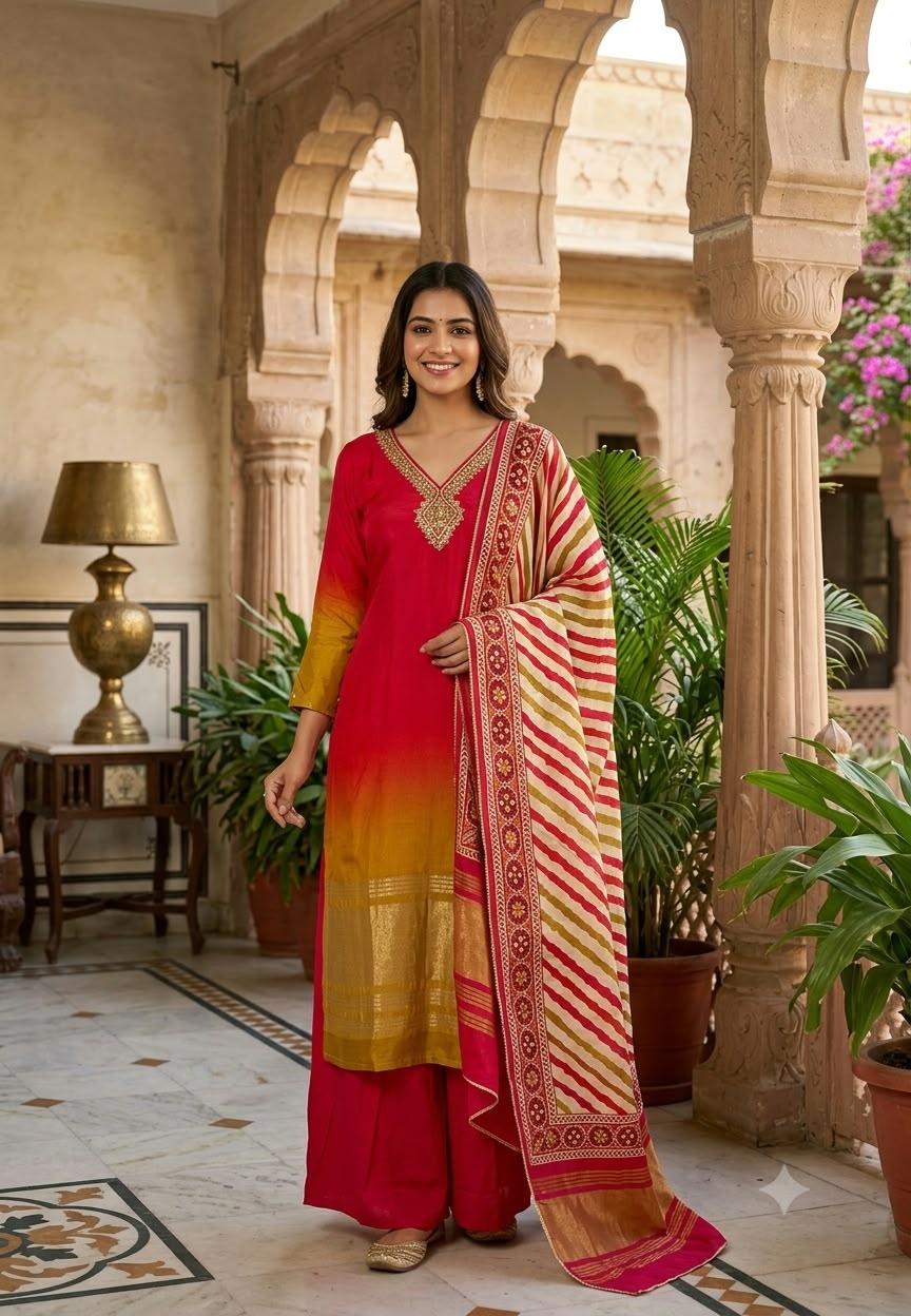 Mirror Embroidered Neck Dual Tone Russian Silk Zari Border Full Suit Set with Ikkat Dupatta- 16710