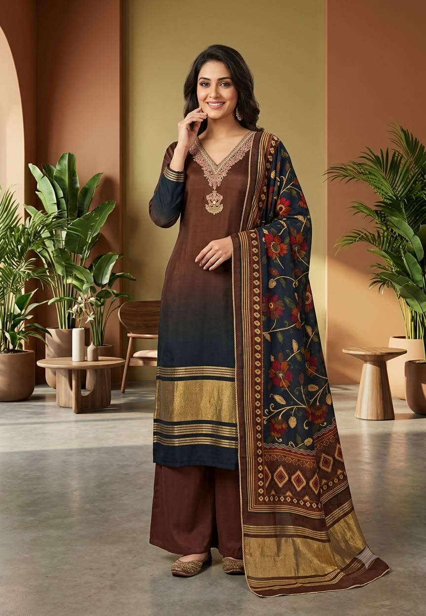 Dual Tone Minimal Embroidery Golden Outlines Russian Silk Full Suit Set With Dupatta- 16715
