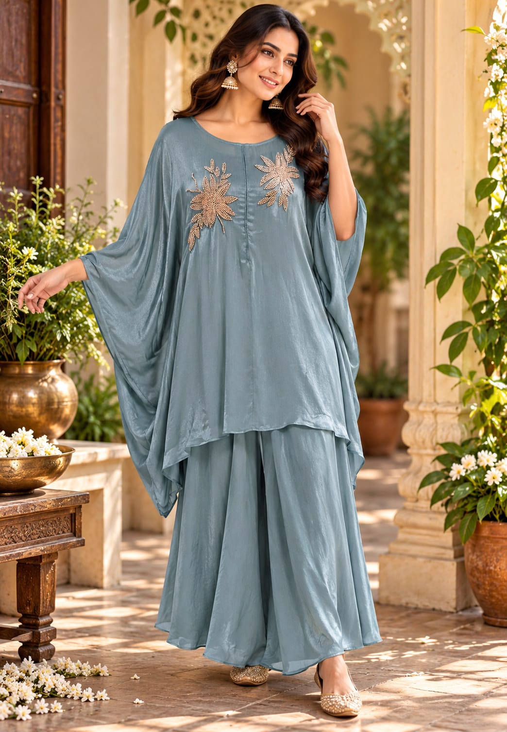 Chinon Metallic 3D Embroidered Kaftan with Inner and Matching Bottom- 16465