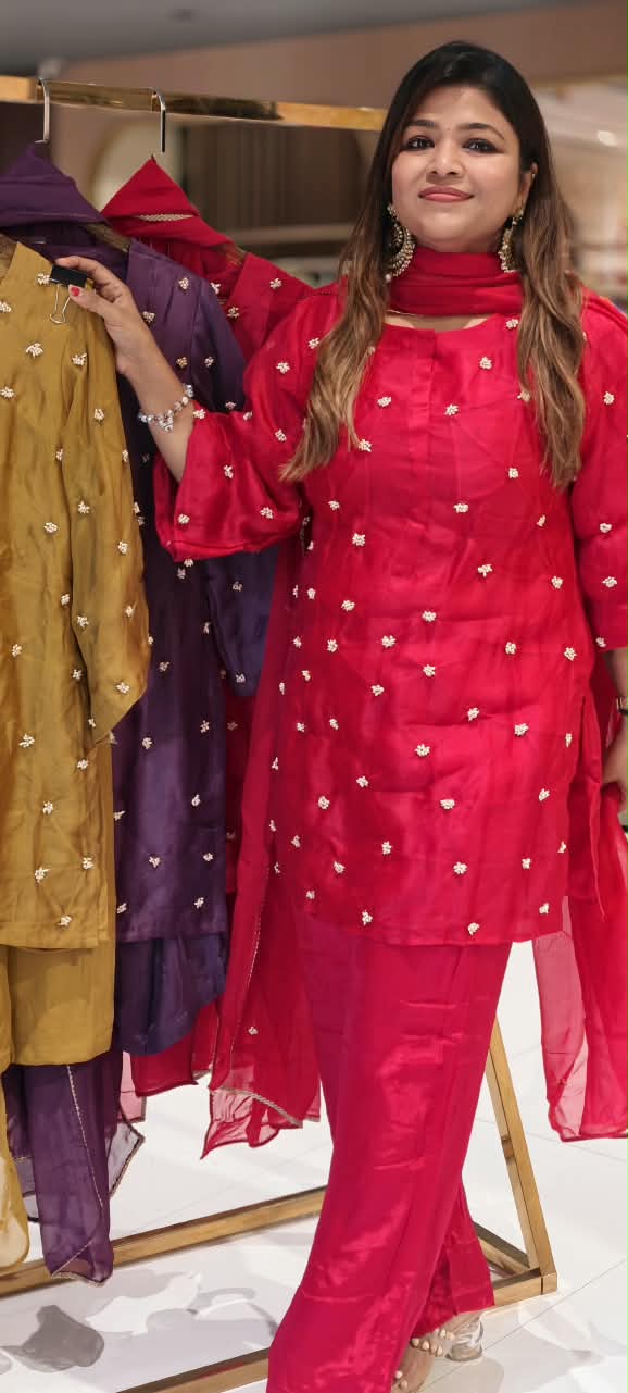 Designer Pure Organza Scattered Pearl Jewel Work Detailing Kurta with Bottom and Dupatta- 16728