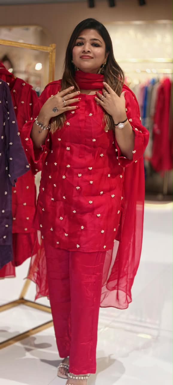 Designer Pure Organza Scattered Pearl Jewel Work Detailing Kurta with Bottom and Dupatta- 16728