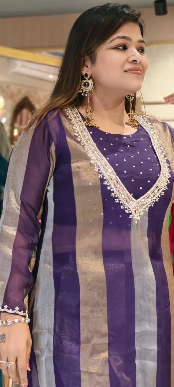 Elegant Yoke-Line Embroidered Outer Kurta With Matching Bustier & Loose Bottom- 16743