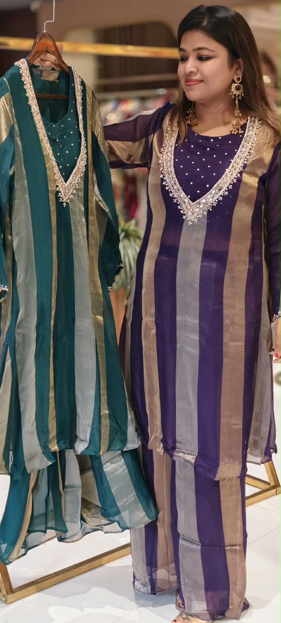 Elegant Yoke-Line Embroidered Outer Kurta With Matching Bustier & Loose Bottom- 16743