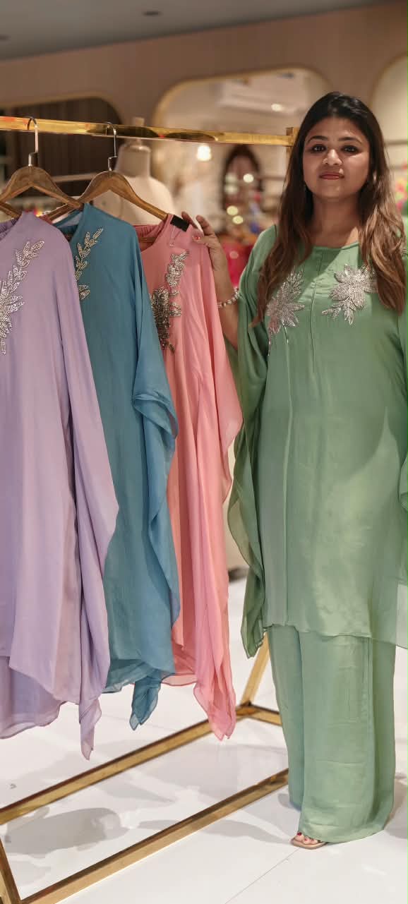 Chinon Metallic 3D Embroidered Kaftan with Inner and Matching Bottom- 16465