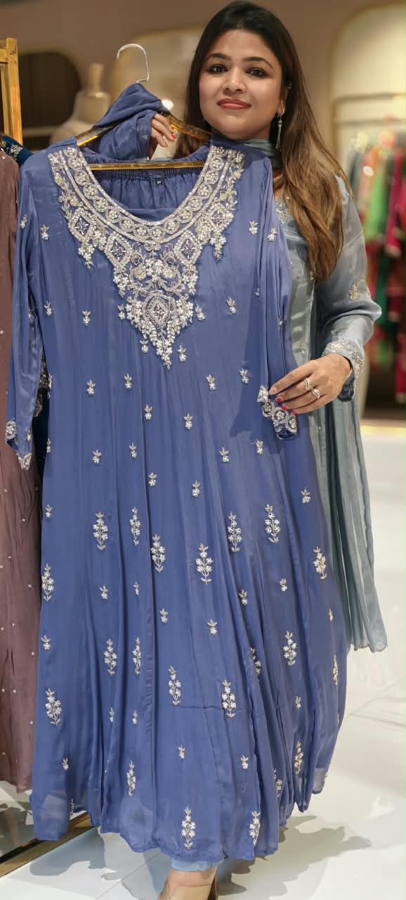 Heavy Pearl Embroidered Chinon Panel Anarkali Full Suit Set with Bottom And Dupatta- 16665