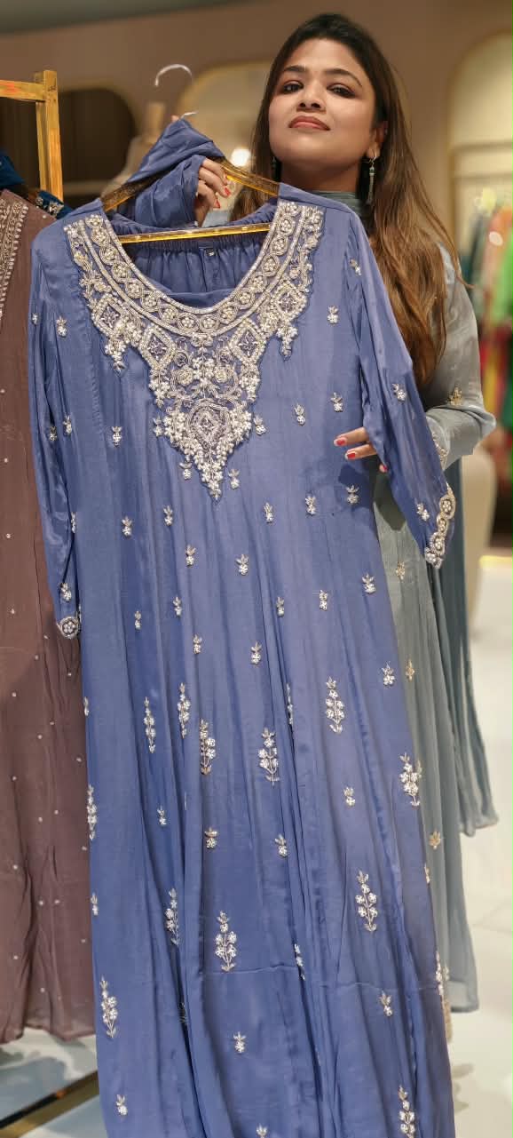 Heavy Pearl Embroidered Chinon Panel Anarkali Full Suit Set with Bottom And Dupatta- 16665