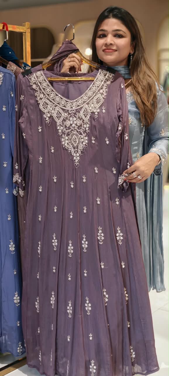 Heavy Pearl Embroidered Chinon Panel Anarkali Full Suit Set with Bottom And Dupatta- 16665