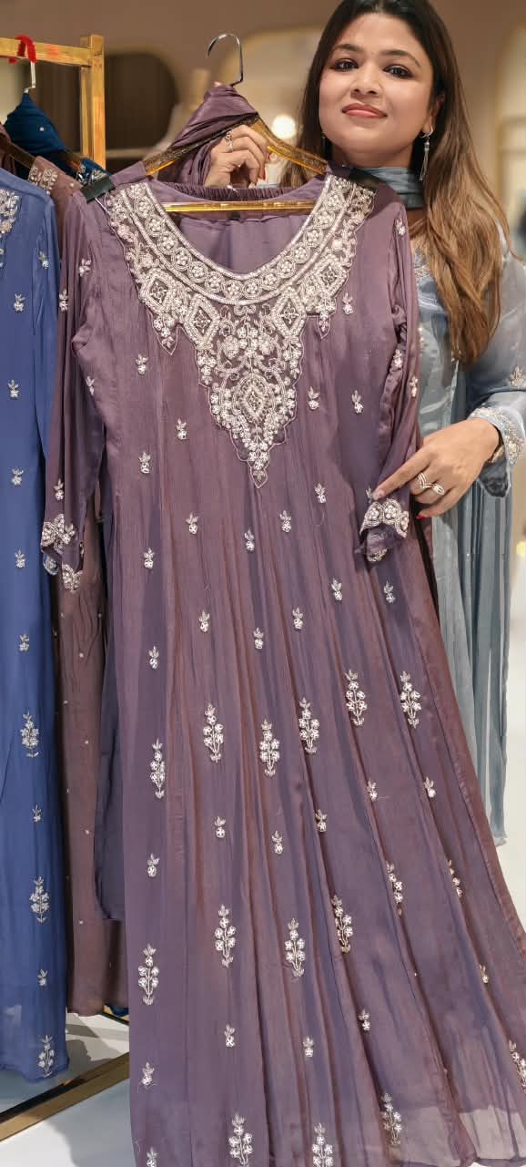 Heavy Pearl Embroidered Chinon Panel Anarkali Full Suit Set with Bottom And Dupatta- 16665