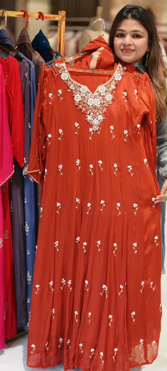 Pearl Embroidery Kali Cut Panel Anarkali Party Wear Full Set with Dupatta in Chinon Fabric- 16668
