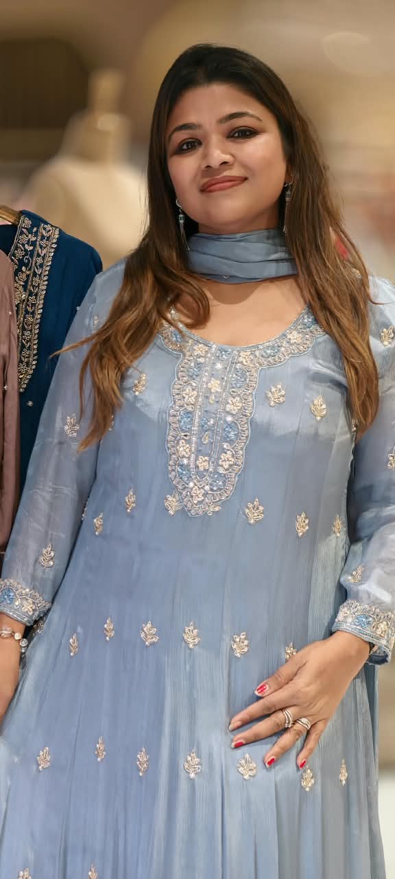 Heavy Beaded Embroidered Chinon Kali Cut Grey Panel Anarkali Full Suit Set With Dupatta- 16667