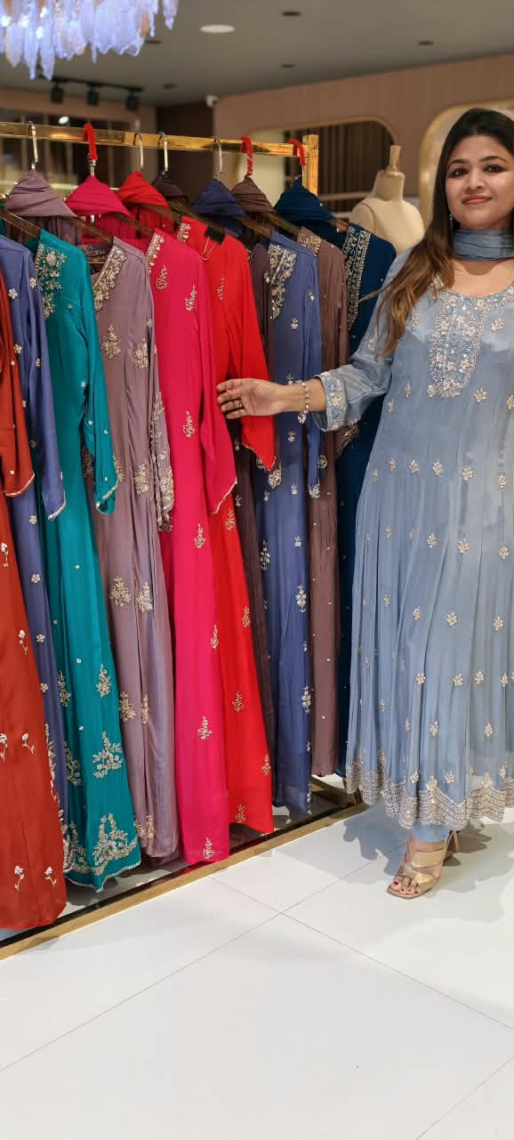 Heavy Beaded Embroidered Chinon Kali Cut Grey Panel Anarkali Full Suit Set With Dupatta- 16667