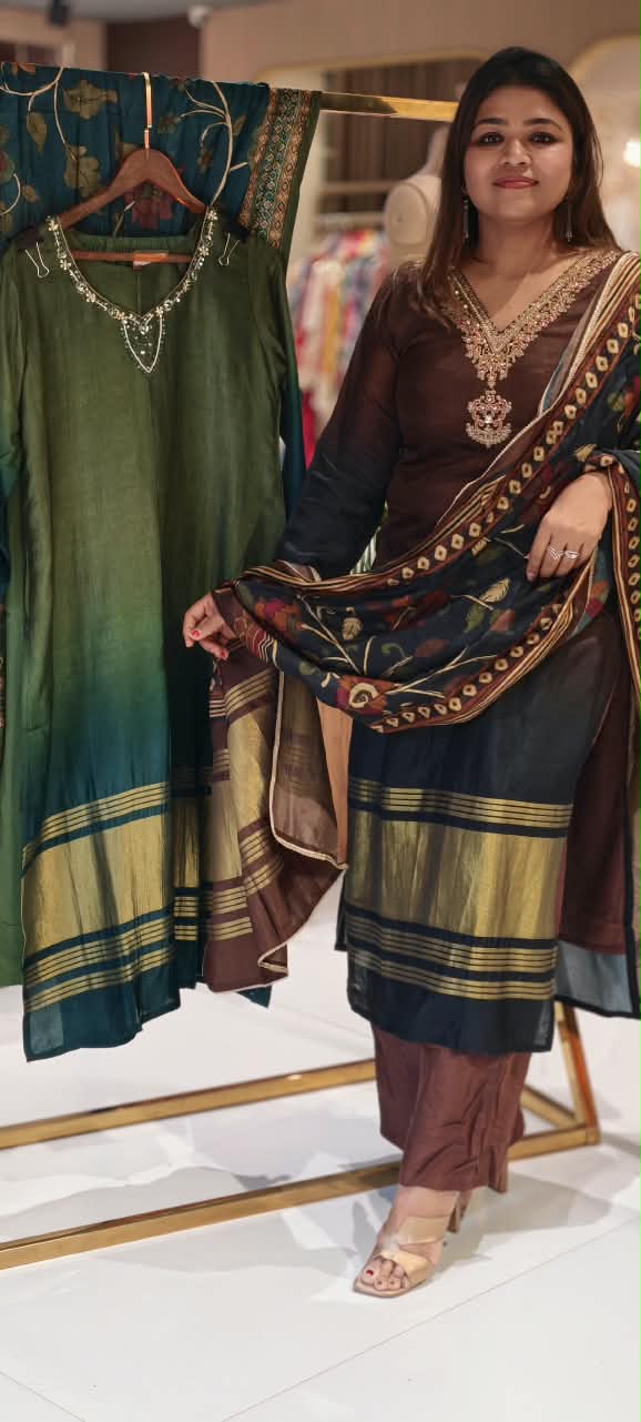 Dual Tone Minimal Embroidery Golden Outlines Russian Silk Full Suit Set With Dupatta- 16715