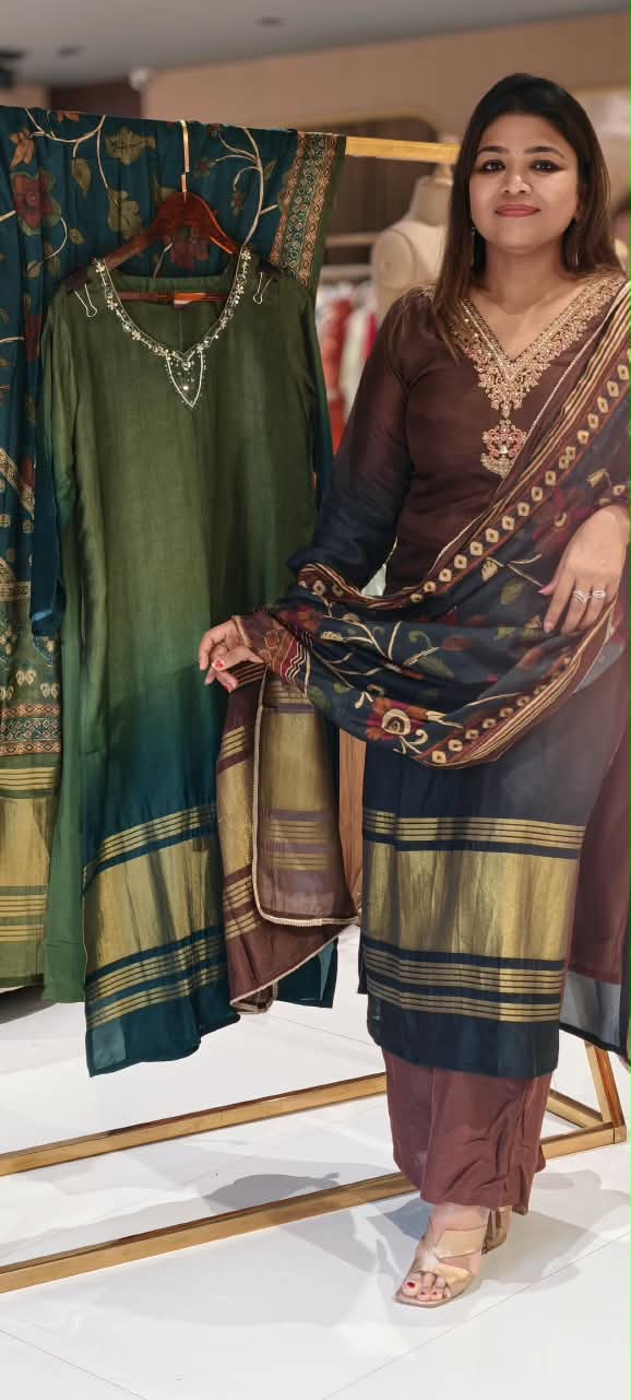 Dual Tone Minimal Embroidery Golden Outlines Russian Silk Full Suit Set With Dupatta- 16715