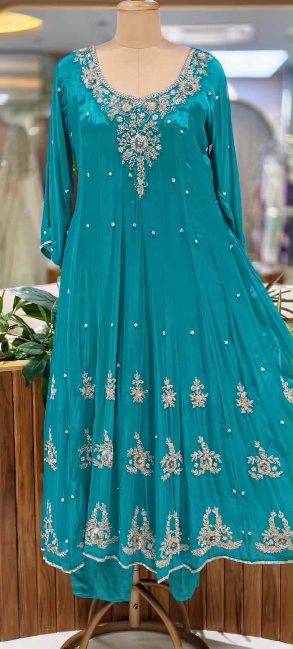 Premium Chinon Anarkali Suit Set with Dupatta & Embellished Neckline In Turquoise Shade-13848