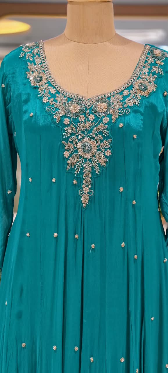 Premium Chinon Anarkali Suit Set with Dupatta & Embellished Neckline In Turquoise Shade-13848