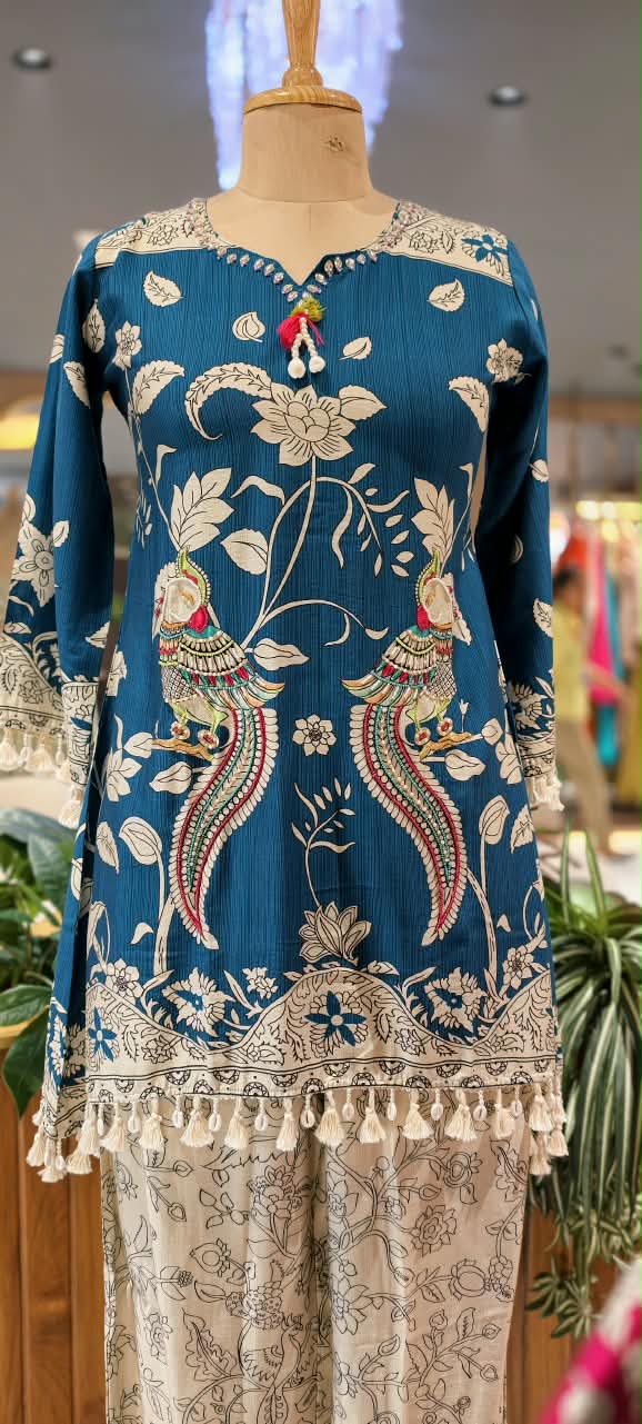 Crush Mulchanderi Kalamkari Print Co-Ord Set with Farshi Bottom- 16740