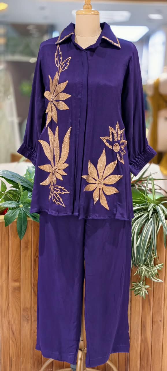 Designer Sequence Leaf Inspired Embroidered Chinon Stylish Co-Ord Set- 16753