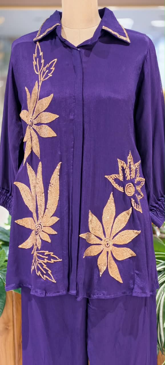 Designer Sequence Leaf Inspired Embroidered Chinon Stylish Co-Ord Set- 16753