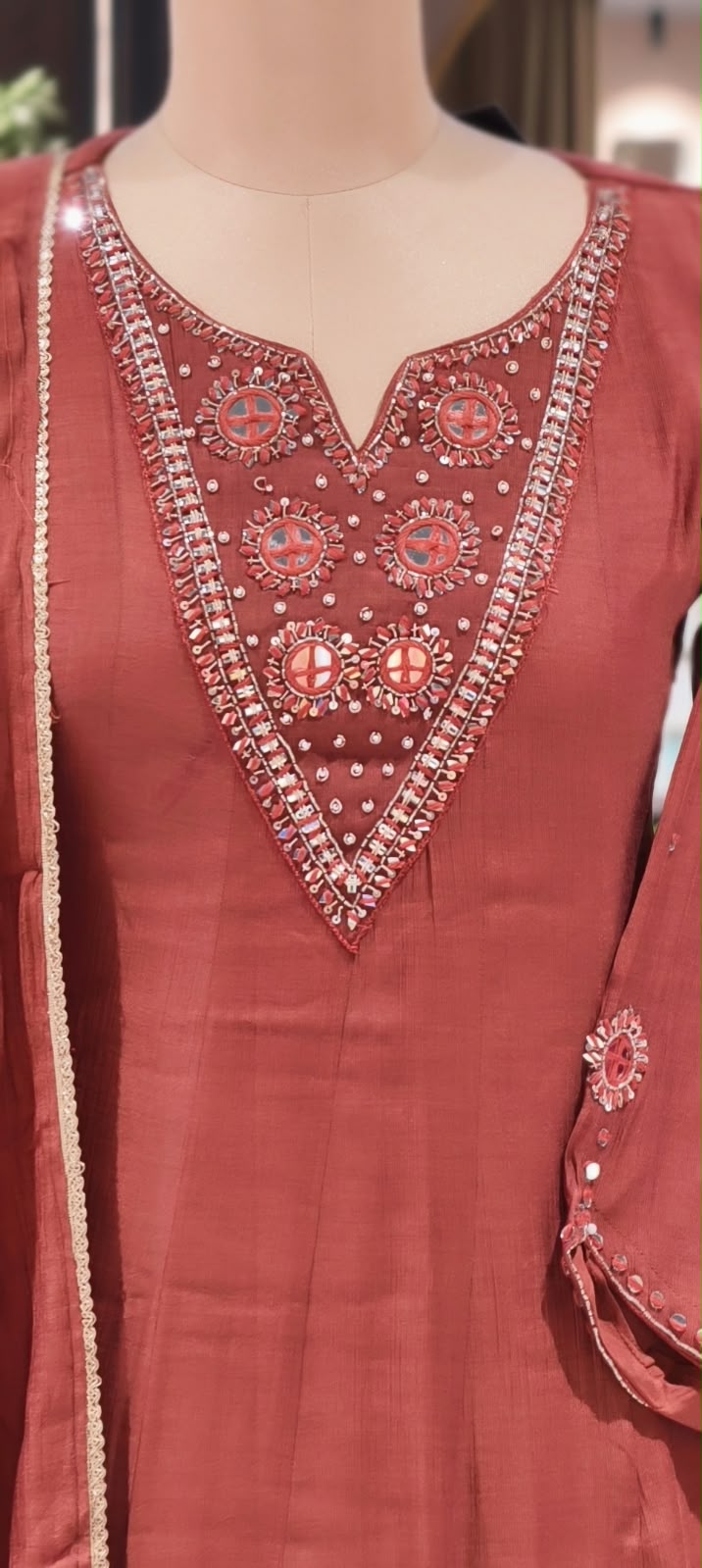 Embroidered Heavy Intricate Real Mirror Panel Mul-Chanderi Anarkali Full Suit Set With Dupatta- 16773