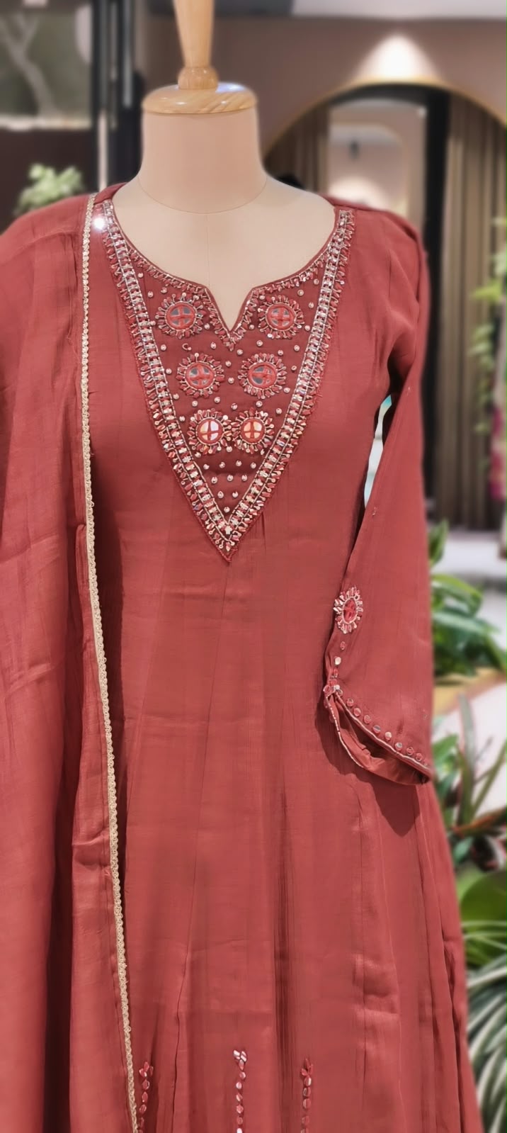 Embroidered Heavy Intricate Real Mirror Panel Mul-Chanderi Anarkali Full Suit Set With Dupatta- 16773