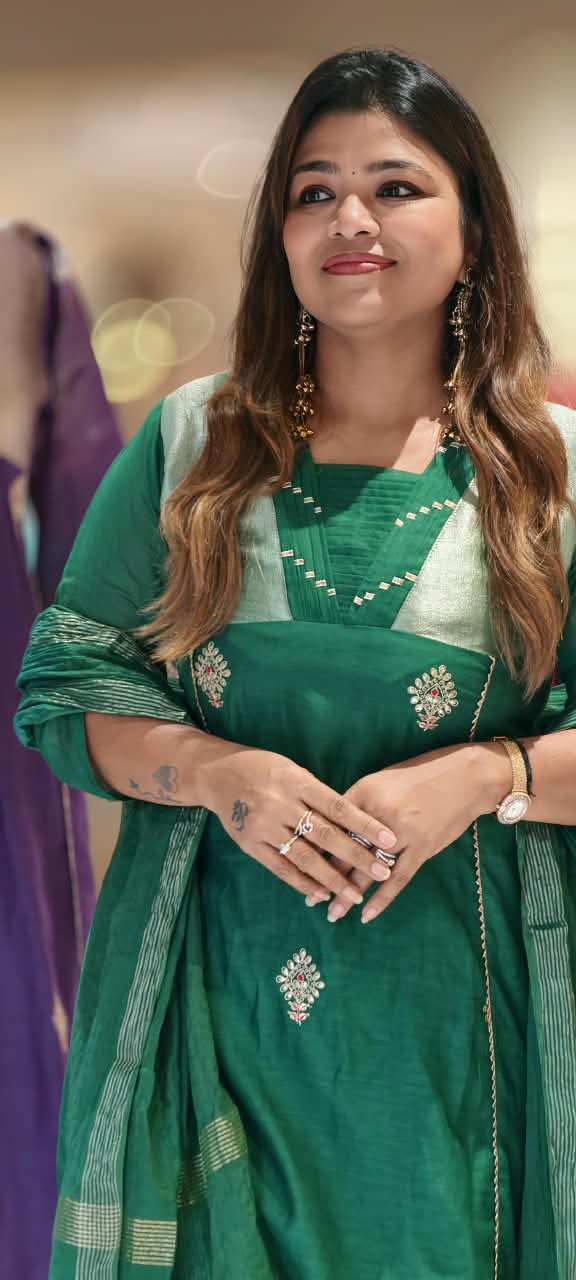 Pure Banarasi Mul-Chanderi With Golden Tissue Touch Aline Full Suit Set With Dupatta- 16775