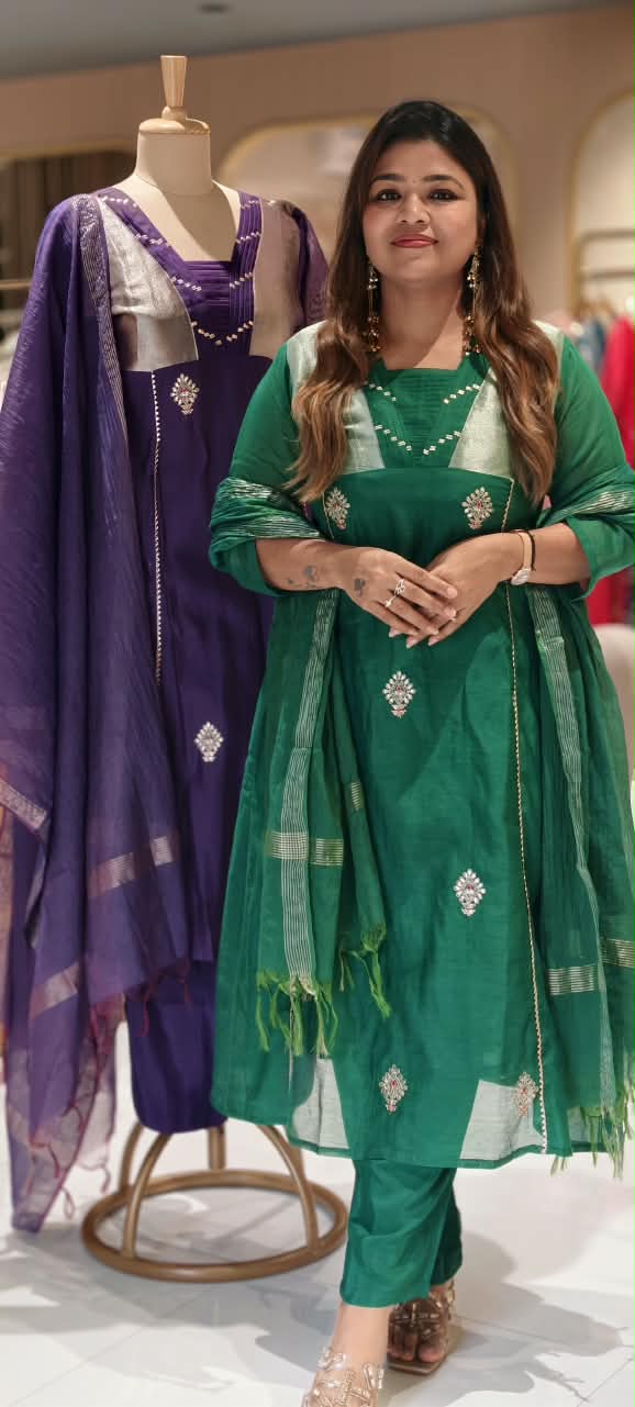 Pure Banarasi Mul-Chanderi With Golden Tissue Touch Aline Full Suit Set With Dupatta- 16775