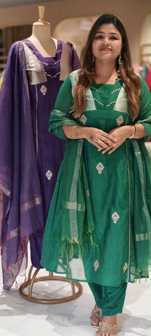 Pure Banarasi Mul-Chanderi With Golden Tissue Touch Aline Full Suit Set With Dupatta- 16775