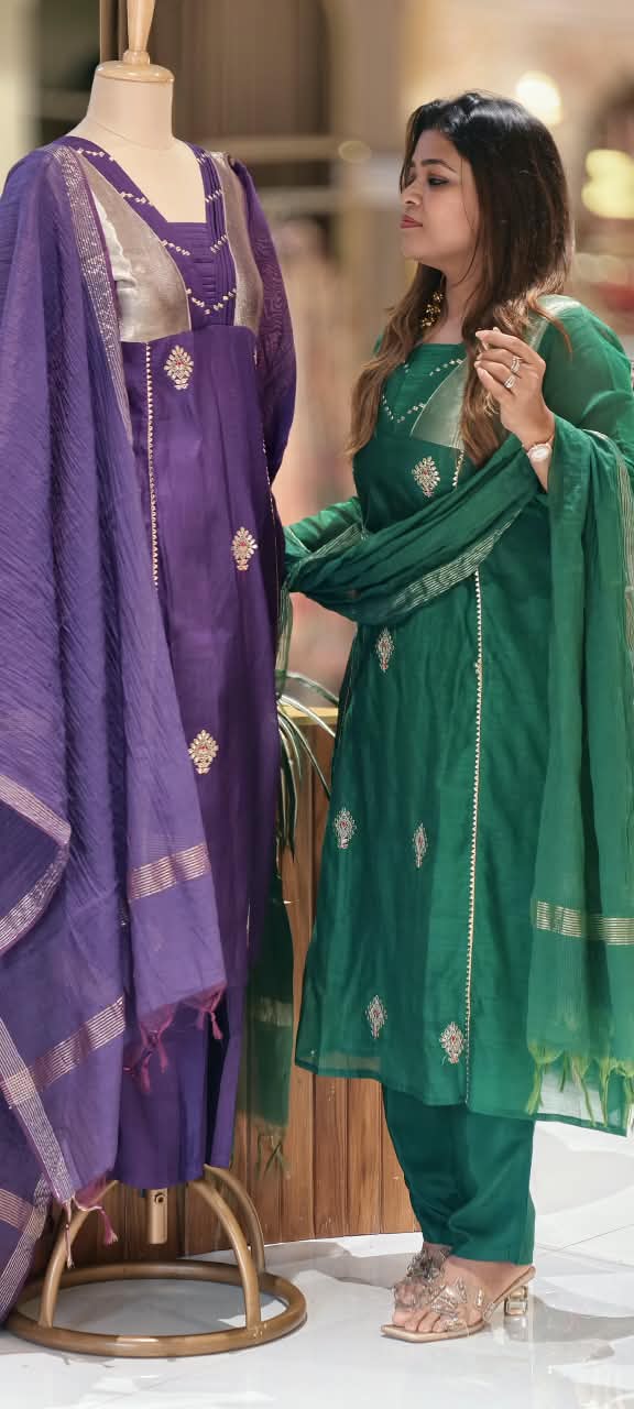 Pure Banarasi Mul-Chanderi With Golden Tissue Touch Aline Full Suit Set With Dupatta- 16775