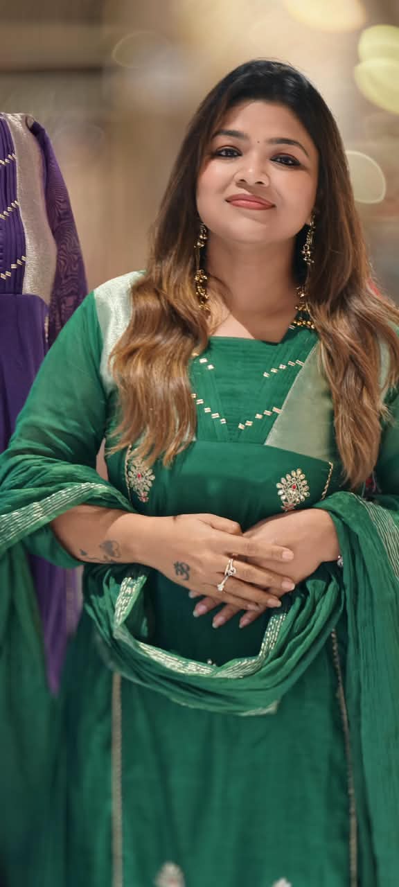 Pure Banarasi Mul-Chanderi With Golden Tissue Touch Aline Full Suit Set With Dupatta- 16775
