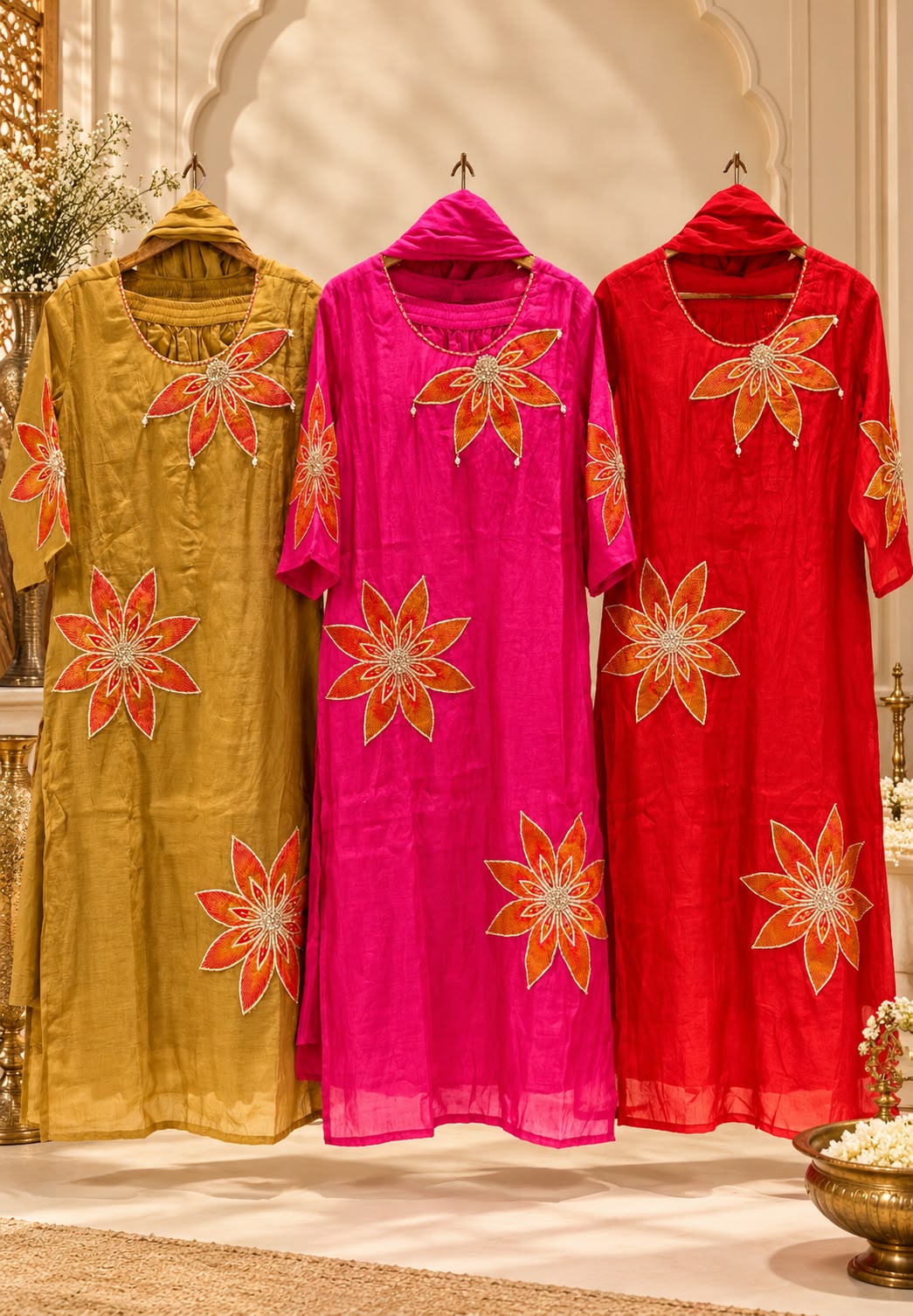 HD Giant Floral Embroidery Surat Mul-Chanderi Vibrant Full Suit Set With Dupatta- 16809