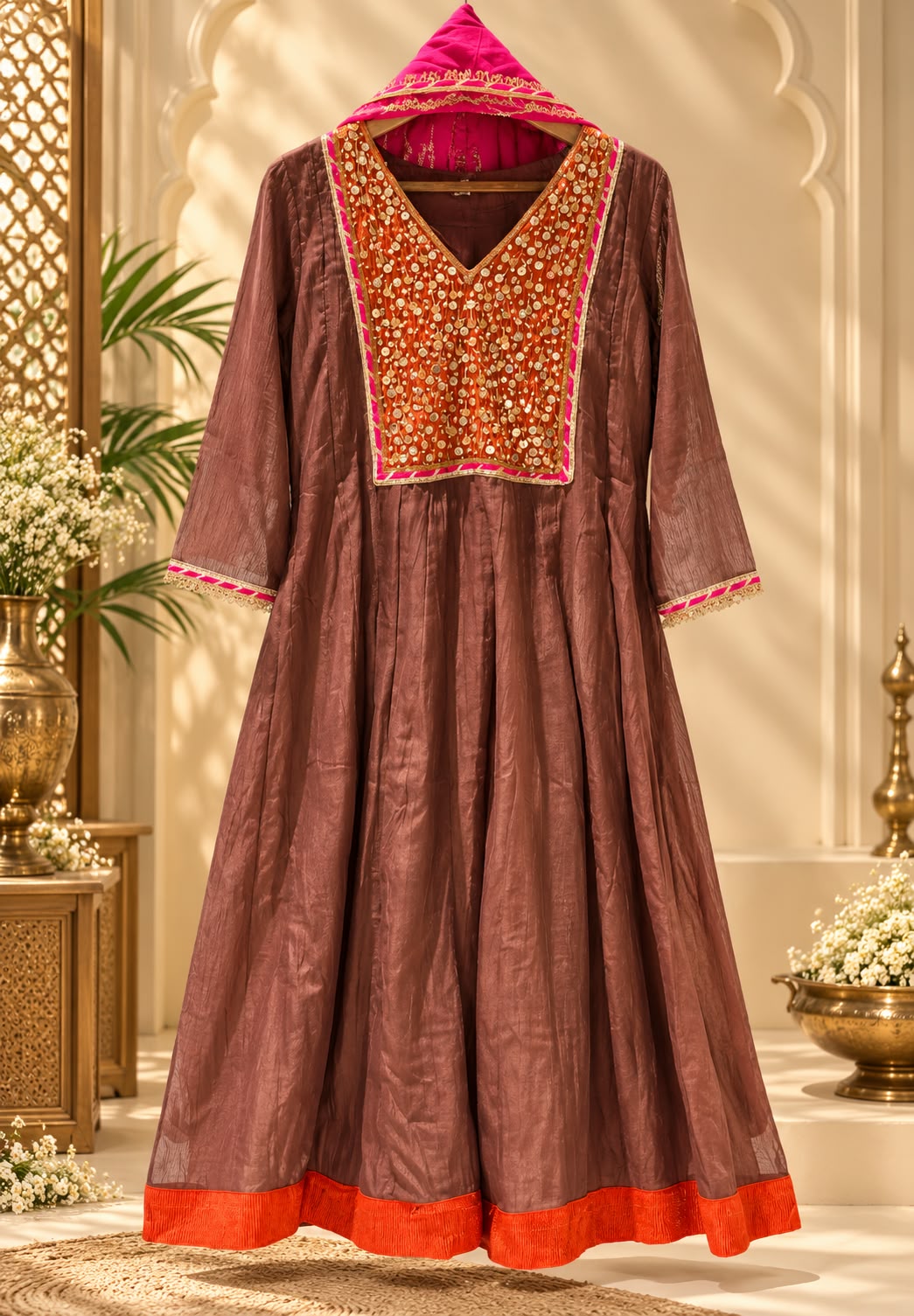 Heavy Golden Sequin Touch Boxed Yoke Mul-Chanderi Anarkali Full Suit Set With Dupatta- 16810