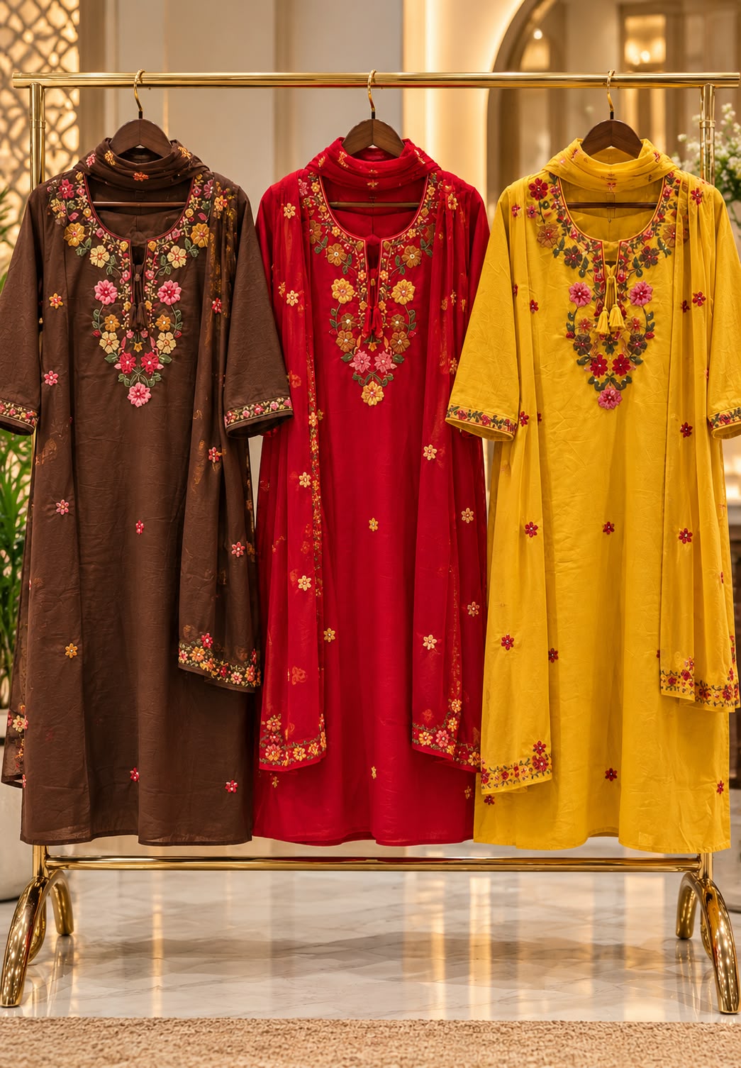 Floral Embroidery, Round Neckline, Decorative Tassel Tie-Up Detailing Full Suit Set With Dupatta- 16787
