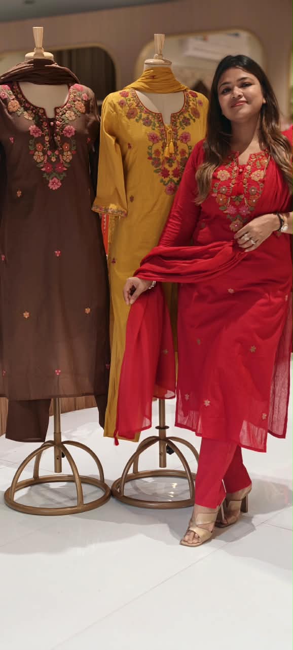 Floral Embroidery, Round Neckline, Decorative Tassel Tie-Up Detailing Full Suit Set With Dupatta- 16787