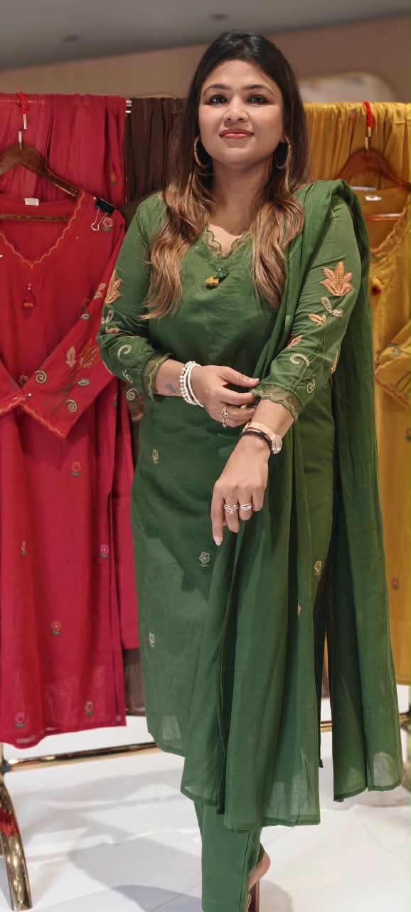 Cotton Full Suit Set with Floral Embroidery V-Neck Detailing & Tassel Accent- 16788