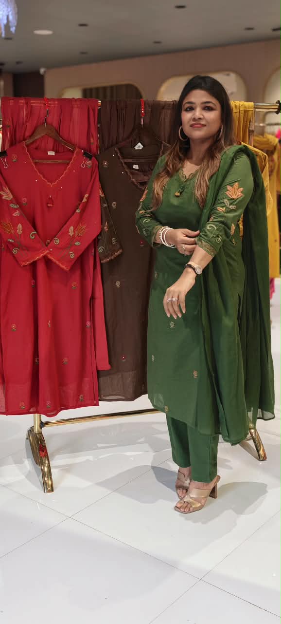 Cotton Full Suit Set with Floral Embroidery V-Neck Detailing & Tassel Accent- 16788