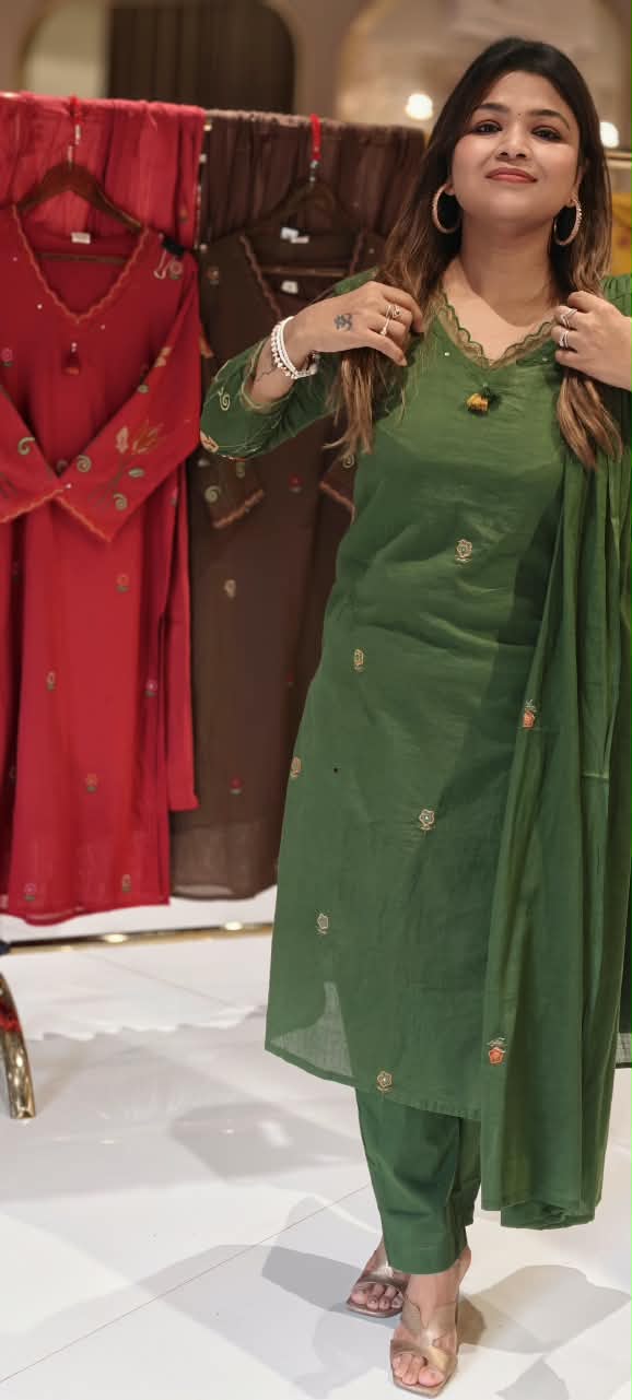 Cotton Full Suit Set with Floral Embroidery V-Neck Detailing & Tassel Accent- 16788