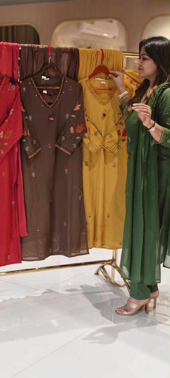 Cotton Full Suit Set with Floral Embroidery V-Neck Detailing & Tassel Accent- 16788