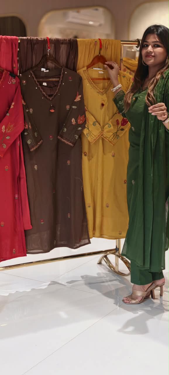 Cotton Full Suit Set with Floral Embroidery V-Neck Detailing & Tassel Accent- 16788