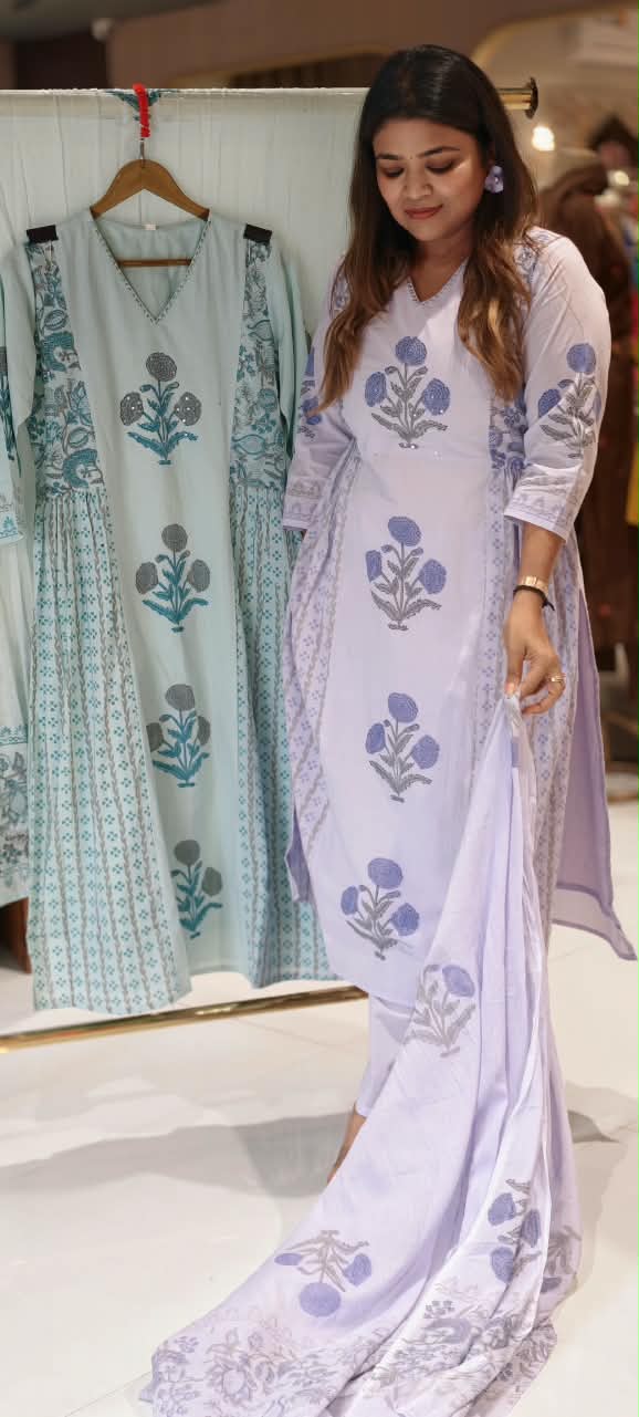 V-Neck Premium Cotton Floral Print Side Frills A-line Full Suit Set with Dupatta- 16792