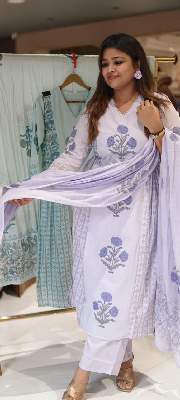 V-Neck Premium Cotton Floral Print Side Frills A-line Full Suit Set with Dupatta- 16792