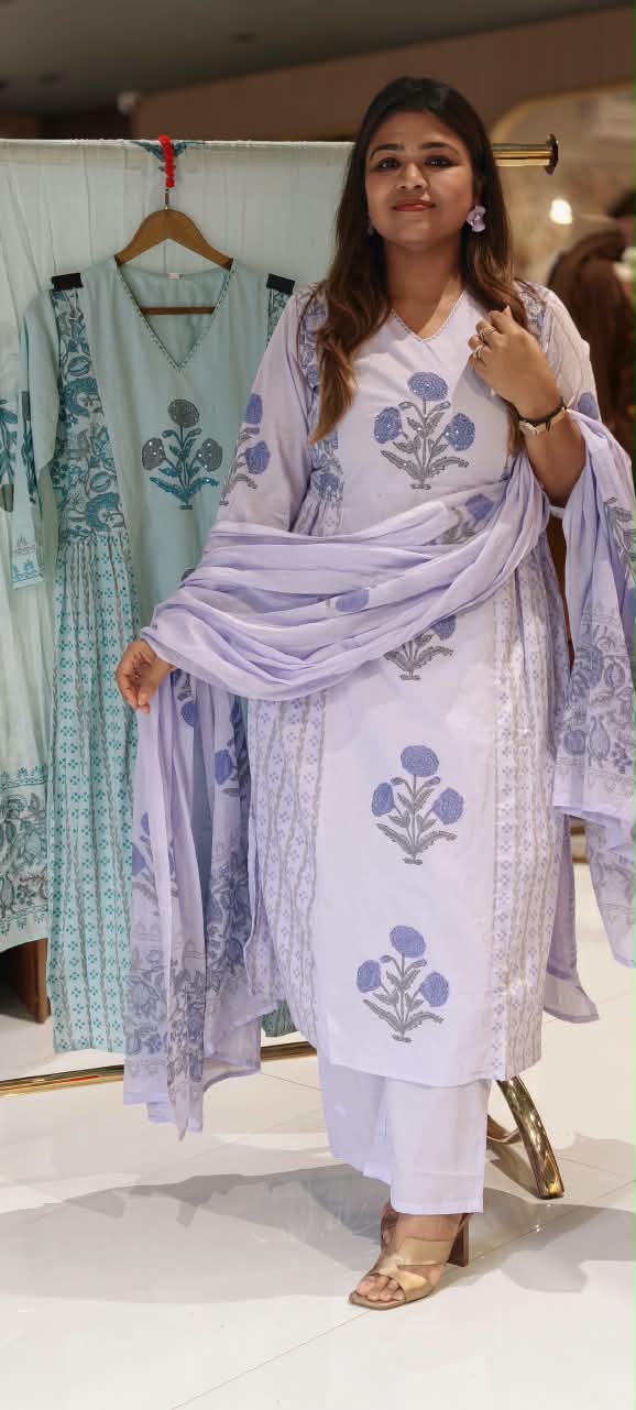 V-Neck Premium Cotton Floral Print Side Frills A-line Full Suit Set with Dupatta- 16792