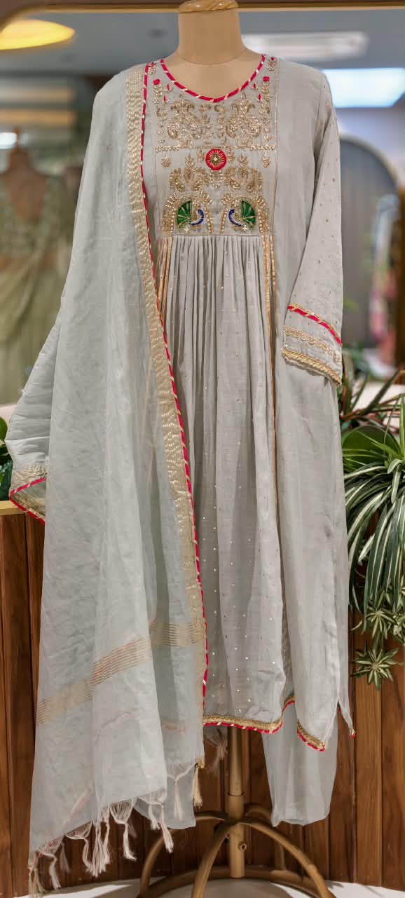 Pure Mul-Chanderi Embroidered Aline Full Suit Set with Elegant Zardosi Work -16784