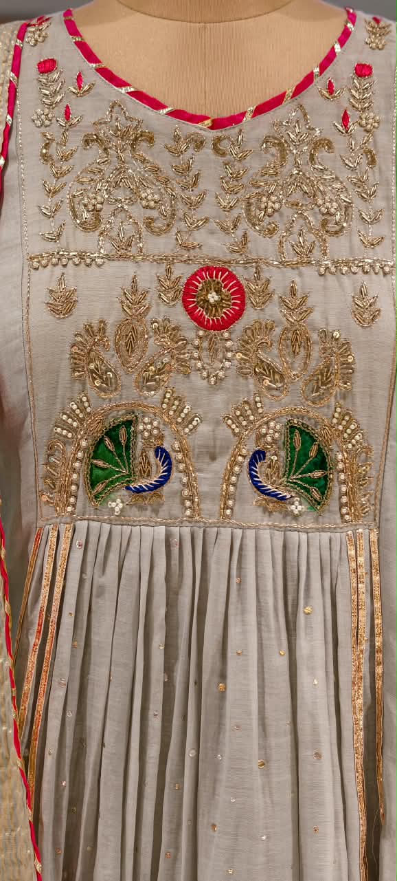 Pure Mul-Chanderi Embroidered Aline Full Suit Set with Elegant Zardosi Work -16784